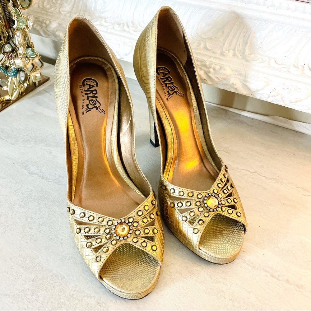 Carlos Santana Mystified gold snakeskin embossed heels